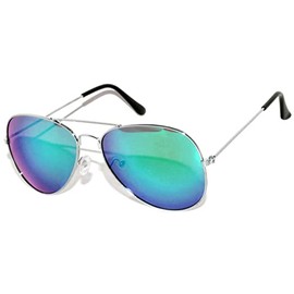 OWL Stylish Classic Aviator Sunglasses Mirrored Blue-Green Lens Metal Silver Frame Womens Mens