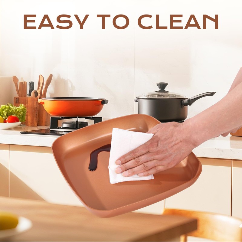 Toutrop Non-Stick Copper Square Frying Pan, 12" Chef Skillet with
