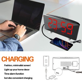 ThreeH Radio-Digitaluhr mit USB-Telefonladegerät 7,3'' LED Curved-Screen-Display mit Dimmer 2 Weckereinstellung Funkuhr für Schlafzimmer Rot