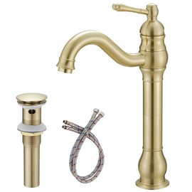 BATHLAVISH Brushed Gold Vessel Sink Faucet 360° Swivel for Bathroom Single Hole Farmhouse Tall Commercial Vanity Matching Pop Up Drain without Overflow Mixer Tap Single Handle