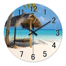 XFM Blue Palm Wall Clocks Battery Operated 12 Inch - Glass Modern Beach Clocks Wall Decor - Non Ticking Wall Clock for Bedroom