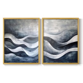 Renditions Gallery Set of 2 Peel & Stick Framed Prints, Watercolor Abstract Wall Art, Flowing Wavy Textures Wall Decor, Re-Stickable - Ready to Hang - 22"x28" - GOLD Frame LT592