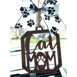 Car Charm Rear View Mirror Hand Crafted cat mom Leopard Burlap Black White Red Black Cow Paws Ribbons