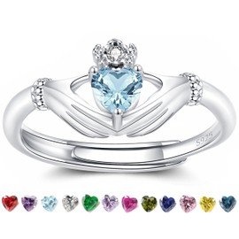 March Stackable Claddagh Ring for Women : S925 Sterling Silver Blue Heart Birthstone Ring Adjustable Birthstones Rings Band for Loved Ones Christmas Anniversary Birthday Gifts Jewelry