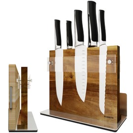 Brosisincorp Acacia Wood Magnetic Knife Block with Thickened Removable Acrylic Shield - Double-Sided Powerful Magnet Universal Standing Knife Holder with Anti-Slip Base for Kitchen Countertop