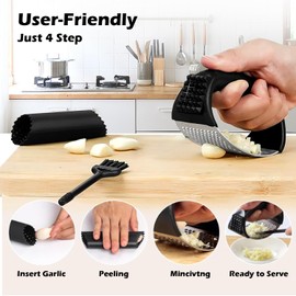 FATUXZ Garlic Press Rocker Set，Stainless Steel Garlic Mincer Tool with Garlic Peeler and Cleaning Brush Kitchen Gadgets Essentials Garlic Chopper