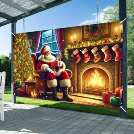 BlissYard Christmas Banner Santa Claus Fireplace Tree Holiday Wall Decoration Warm Cozy Living Room Scene Background Indoor Outdoor Party Decor for Home 71 X 43 Inches