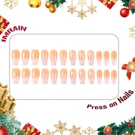 IMRAIN Christmas Press on Nails Long Coffin Fake Nails White Nude Gradient False Nails Full Cover Snowflakes Nails with Designs Ballerina Artificial Stick on Acrylic Nails for Women 24Pcs