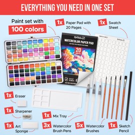 Premium Watercolor Paint Set Bundle with 100 Bright Colors & Paper Pad for Beginners & Professional – Painting Kit & Art Supplies for Adults – Travel Watercolor Set with Metallic Watercolor Paints
