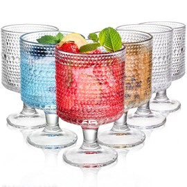 ZOOFOX Set of 6 Romantic Vintage Goblet Glasses, 8 oz Embossed Short Stem Wine Glasses, Hobnail Drinking Glasses Set for Juice, Cocktail, Wine, Party, Bar