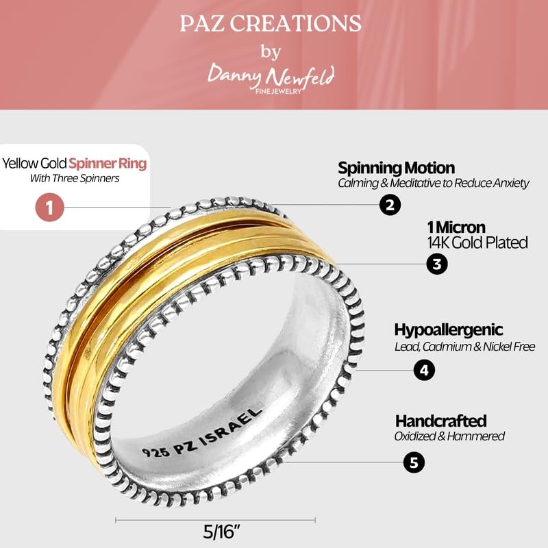 Paz Creations 925 Sterling Silver Spinner Ring/Fidget Ring/Anxiety Ring -