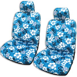 Winnie Fashion 2 Hawaiian Car Seat Covers w/ 2 Headrest Covers (Aloha Honu Blue, Regular No Customization)