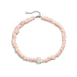 BriLove Baroque Freshwater Cultured Pearl Puka Shell Ocean Chains Choker Necklace for Women Beach Summer Trendy Seaside Jewelry Pink