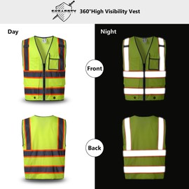 SKSafety High Visibility Reflective Safety Vest With 10 Multi-Functional Pockets+2 Mic Straps, Meet ANSI/ISEA 107-2020 Standards, Type R Class 2 Safety Vest(Neon Yellow Orange Strips-Mesh Back,Medium)