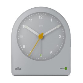 Braun Classic Analogue Alarm Clock with Snooze and Continuous Backlight, Quiet Quartz Movement, Crescendo Beep Alarm in Grey, model BC22G