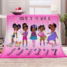 Black Girl Christian Blanket 50x60,Soft Plush Black Girl Magic Fleece Throw Blanket God Says I Am Blanket Religious Inspirational Gifts for Teens Kids