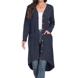 GRECERELLE Womens Long Cardigan Long Sleeve Lightweight Button Down Loose Outwear Cardigans Jacket with Pockets for UK Ladies (Navy Blue, XL)