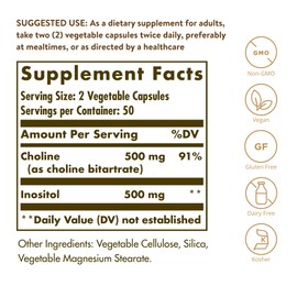 Solgar Choline/Inositol 500 mg/500 mg, 100 Vegetable Capsules - Energy Metabolism, Liver Health, Essential for Brain & Nerve Function - Non-GMO, Vegan, Gluten Free, Dairy Free, Kosher - 50 Servings