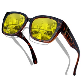 KANASTAL Tortoiseshell Wide Night Driving Over Glasses Men Anti Glare Driving Womens Yellow Tinted Glasses Oversized Fit Over Glasses Square - Tortoise Shell Frame Yellow Lens