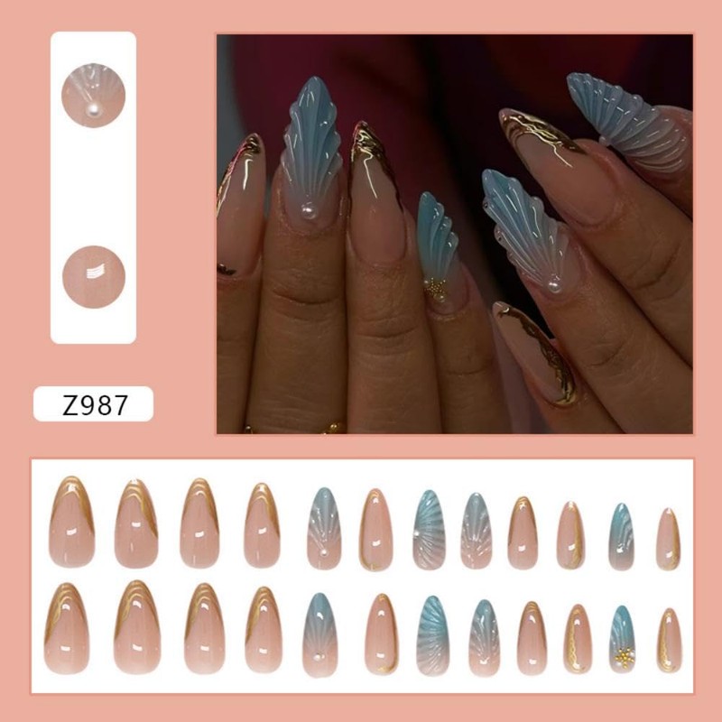 Handmade Press on Nails Medium Almond False Nails with Pearl