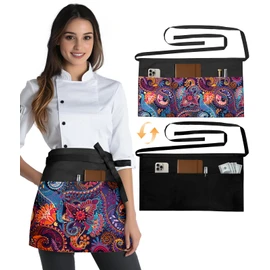 Slohif Reversible Server Apron with 6 Pockets - Waist Apron for Waitress Women Half Apron for Waiter Men Cute Water Resistant Serving Short Apron Barista Bartender Kitchen Accessories Colorful