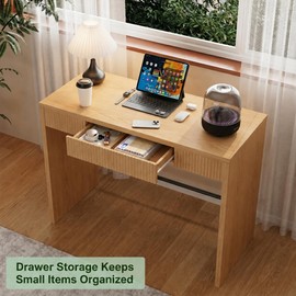 40 Inch Small Desk with Fluted Drawer, Farmhouse Wooden Computer Desk for Home Office, Writing Desk with Storage Drawer, Vanity Desk Makeup Table for Bedroom, Dorm Room, Reclaimed Light Oak