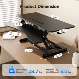 JYLH JOYSEEKER 38" Standing Desk Converter, Height Adjustable Sit Stand Desk Riser, Desktop Standing Desk for Two Monitors, Sit to Stand up Computer Workstation for Home Office, Black