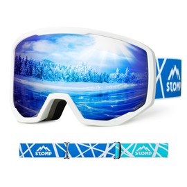 STOMP Ski/Snowboarding Goggles 100% UV400 Protection Replaceable Lens/Straps Goggle for Men, Women & Youth (White Frame/Blue Lens VLT 15%)