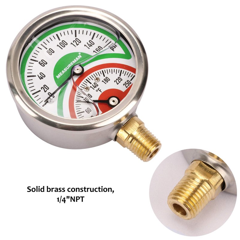 MEASUREMAN Tridicator, Thermo-Manometer, 2-1/2", Silicone Oil Filled, 0-160psi/30-250 deg F,