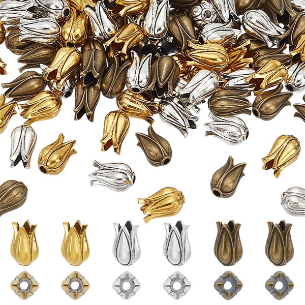 PH PandaHall 90pcs Flower Bud Charm Beads 3 Colors Tibetan