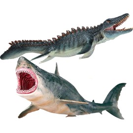 Gemini&Genius Mosasaurus and Megalodon Dinosaur Toys with Marine Animal Shark Toys Figurine Gift for Boys and Girls 3 Years Old and Up