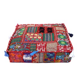 CRAFT KALA Indian Square Patchwork Traditional Pouf Cover Indian Living Room Poufs Decorative Embroidered Designer Ottoman Home Living Footstool Chair Cover Decor Pillow Cover 16x16x5 inches, Red