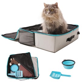 PETKARAY Portable Cat Travel Litter Box with Double Zipper Lid, Foldable Lightweight Litter Carrier, Collapsible Waterproof Cat Litter Box for Car, Hotel & Airplane Travel, Grey-Medium