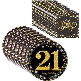 SPABOY Black and Gold 21st Birthday Party Napkins and Plates, Decorations for Her/Him, Tableware Set for 16 Guests