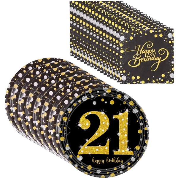 SPABOY Black and Gold 21st Birthday Party Napkins and Plates,