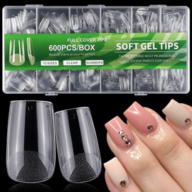AddFavor Short Square Nail Tips, 600pcs Soft Gel X Nail Tips Square Clear Fake Nails Full Cover Acrylic False Nail Tips 12 Sizes for Nail Extension, Gel Nail, Press on Nails Making