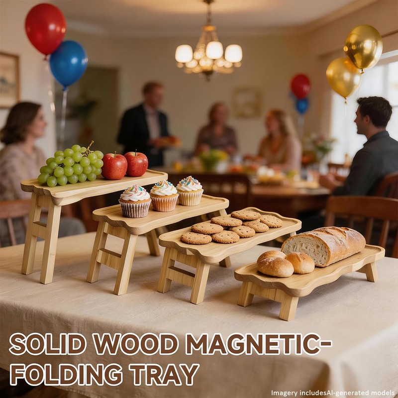 4 Tiered Serving Tray for Party Pine Wood Foldable Tiered