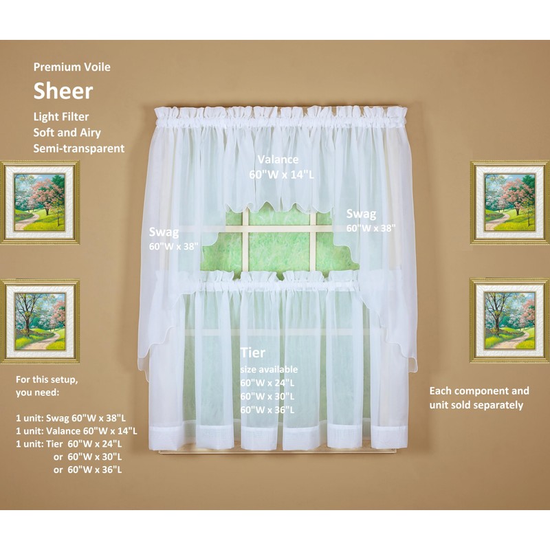 Today's Curtain Emelia Original Voile Tier Pair 30", White, 60"