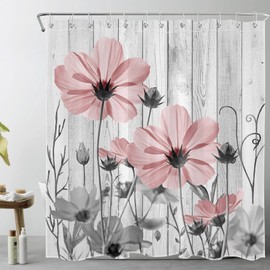 AUEEA Vintage Floral Pink Shower Curtain for Bathroom Decor, Rustic Farmhouse Grey Flower on Vintage Wood Boards Bathroom Shower Curtain Sets Wildflower Polyester Fabric Bathroom Curtain, 72x72 inch