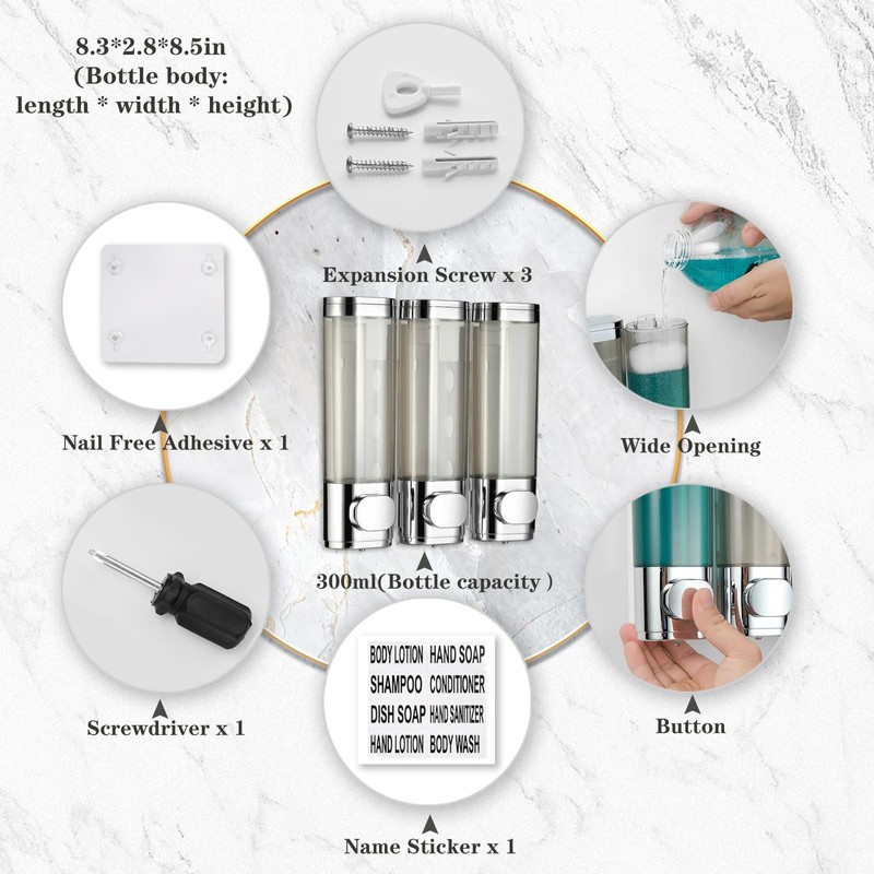 Ribech Soap Dispenser, 3 Chamber 300mL Shampoo and Conditioner Dispenser