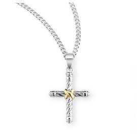 Twisted Two Tone Sterling Silver Cross | 1.0" x 0.7" (26mm x 19mm) | Velvet Gift Box | 18" Rhodium Plated Curb Chain | .925 Sterling Silver | Cross Pendant Necklace for Men Women | Christian Jewelry