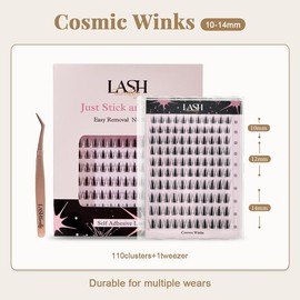 【Lashterally】Makeup # 10-14mm Self-adhesive Glue free Easy Removal DIY lash Extensions natural classic Upgrade D Curl Thick natural  Eyelashes 90/110/120 clusters Tweezer free:_Cosmic Winks