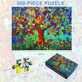 500 Piece Puzzles for Adults Stained Glass Tree of Life Flower Puzzle for Adults Colorful Mosaic Jigsaw Puzzles 500 Pieces with Letters on Back Hard Impossible Difficult Challenging Family Puzzle