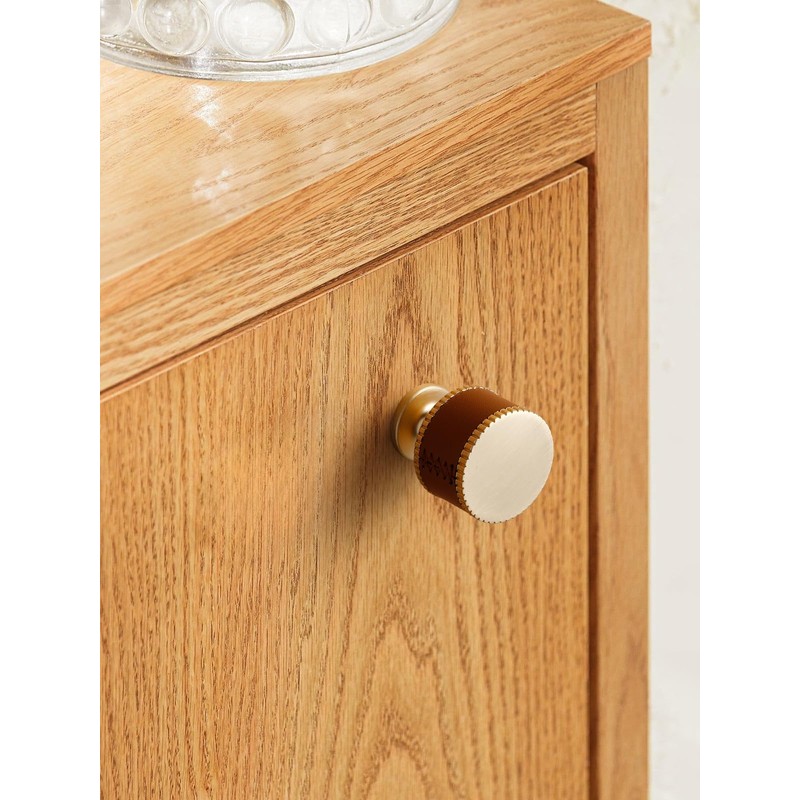 JIASENBAO Leather Drawer Pulls Round 5 Pack Gold Brown Leather