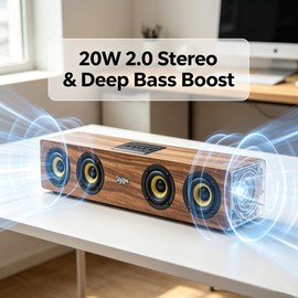 SDGSQHA Retro Wooden Bluetooth 5.3 Portable Soundbar Speaker, 20W 2.0 Stereo with Bass Boost, TWS Pairing, USB/TF/AUX/FM Radio, for PC, Monitor, Laptop, Tablet & Smartphone
