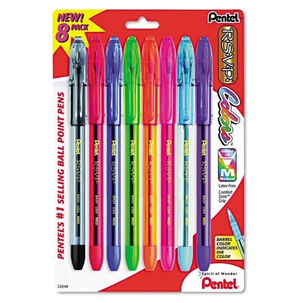 Pentel BK91CRBP8M R.S.V.P. Stick Ballpoint Pen, 1mm, Assorted Barrel, Assorted
