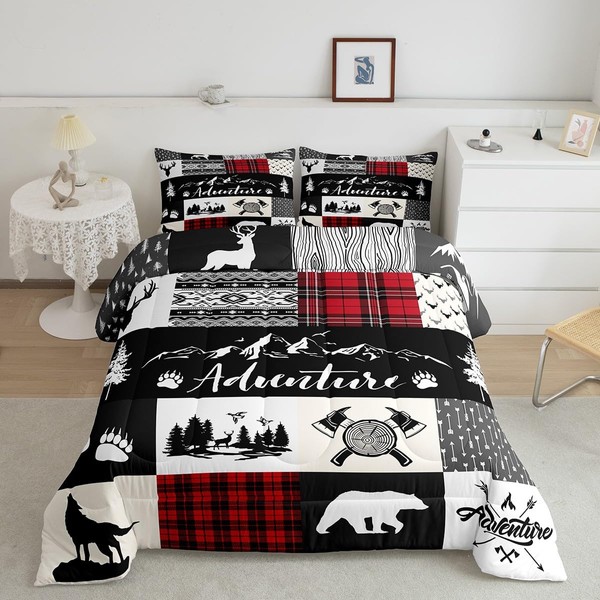 Deer Antlers Comforter Set King Size,Bear Pine Wolf Hunting Camper