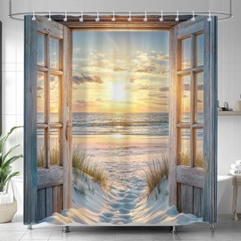 Yuphive Coast Beach Shower Curtain, Blue Ocean Wave Hawaiian Sunset Ocean View Bathroom Boho Coastal Shower Curtain, Vintage Country Barn Door Nautical Fabric Shower Curtain Set with 12 Hooks 72X72IN