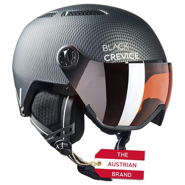 Black Crevice Chamonix Ski Helmet with Visor, Matte Black Carbon/White,