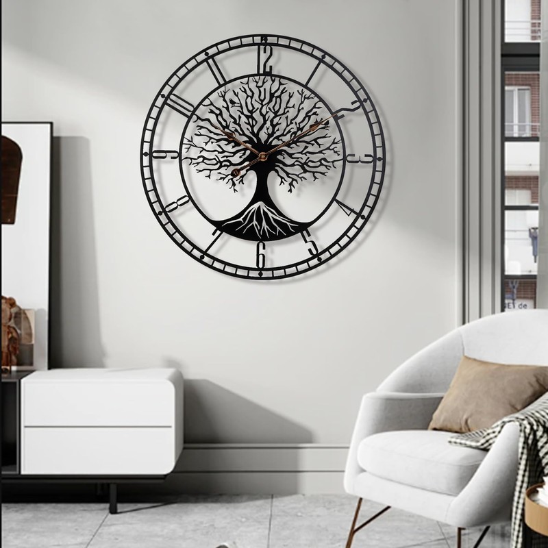 Dankeit Tree of Life Wall Clock, 24Inch Metal Black Family